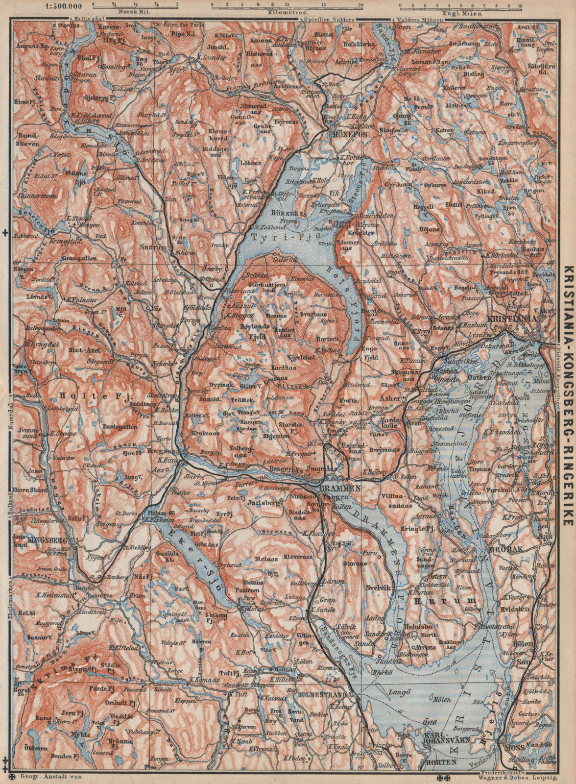 INNER OSLOFJORD. Tyrifjord Kongsberg Lake Krøderen Topo-map. Norway 1899